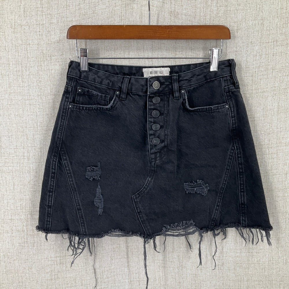 We The Free Denim Mini Skirt Womens 30 Black Distressed Raw Hem Boho Grunge
